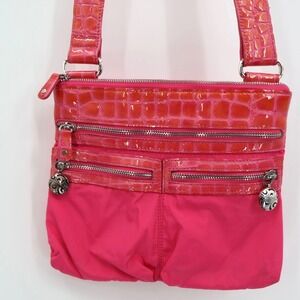Brighton Flamingo Pink Crossbody Bag‎ Nylon Croc Zippers Barbiecore Whimsygoth